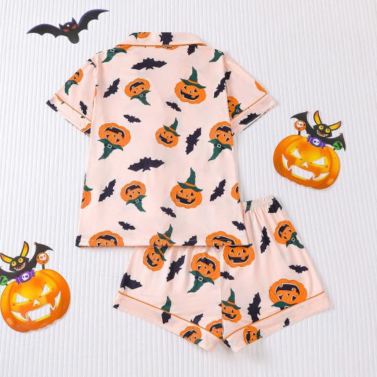 Damen Halloween Pyjama Set Knopfleiste 2-teiliges Pjs Shorts Set Kürbisdruck Kurzarm Nachtwäsche Sets