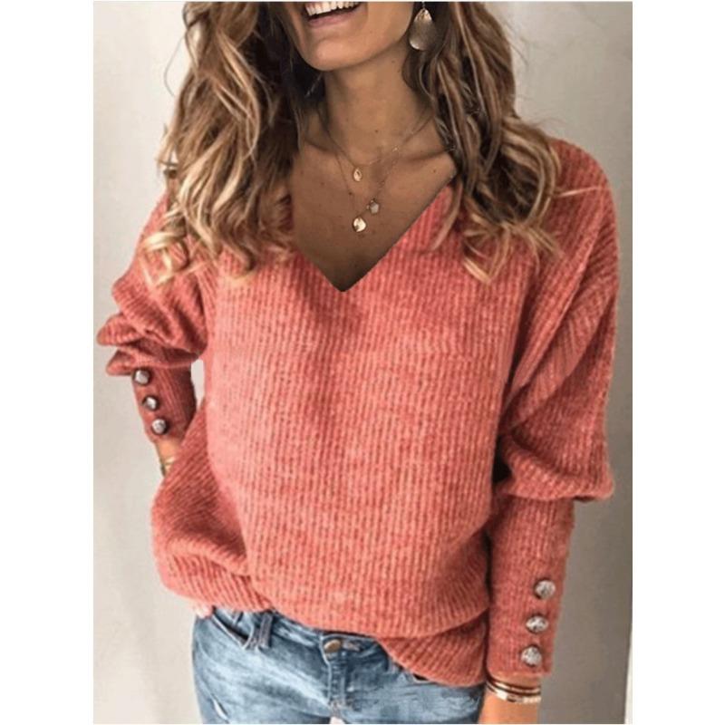 New European American Autumn Winter Fashion Women's Clothing Hot Solid Color Versatile Knitted V-neck Loose Long-sleeved T-shirt