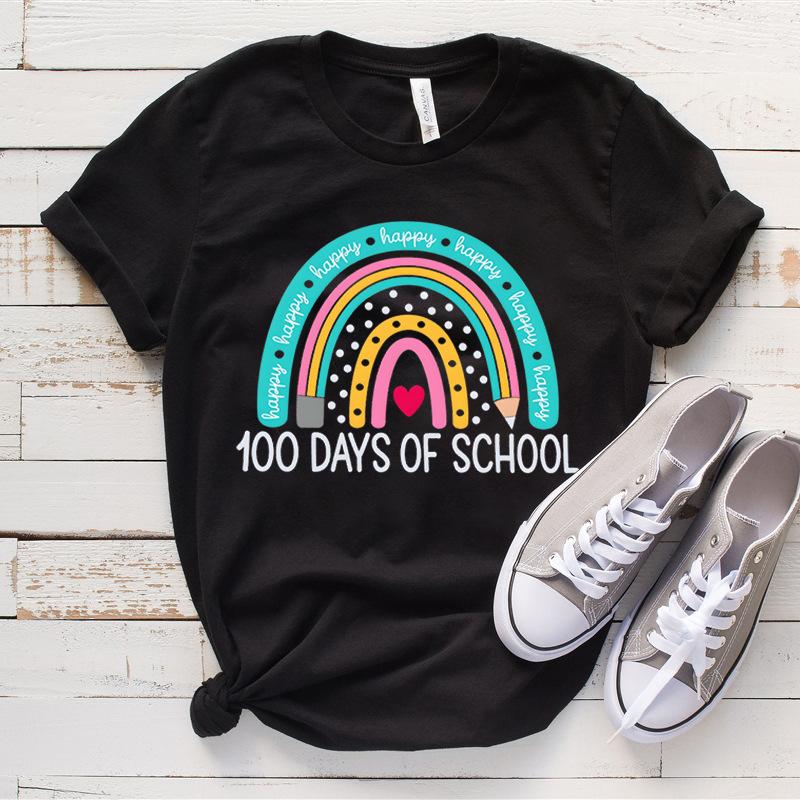 Women's Top 100 Days of School Printed High Street Trendy Fashion Casual Cotton T-Shirts Women’s
