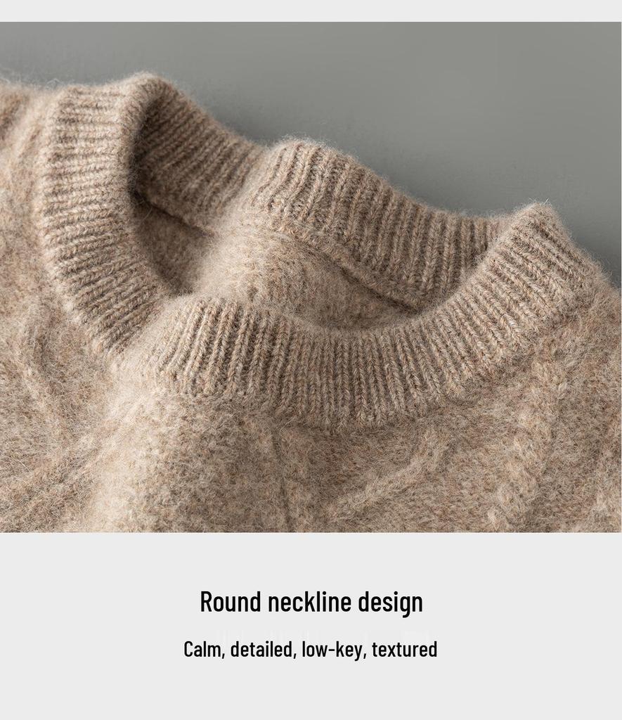 Three-Strand Thick Men's Wool Cable Knit Pullover – Round Neck, Loose, Plus Size for Autumn/Winter