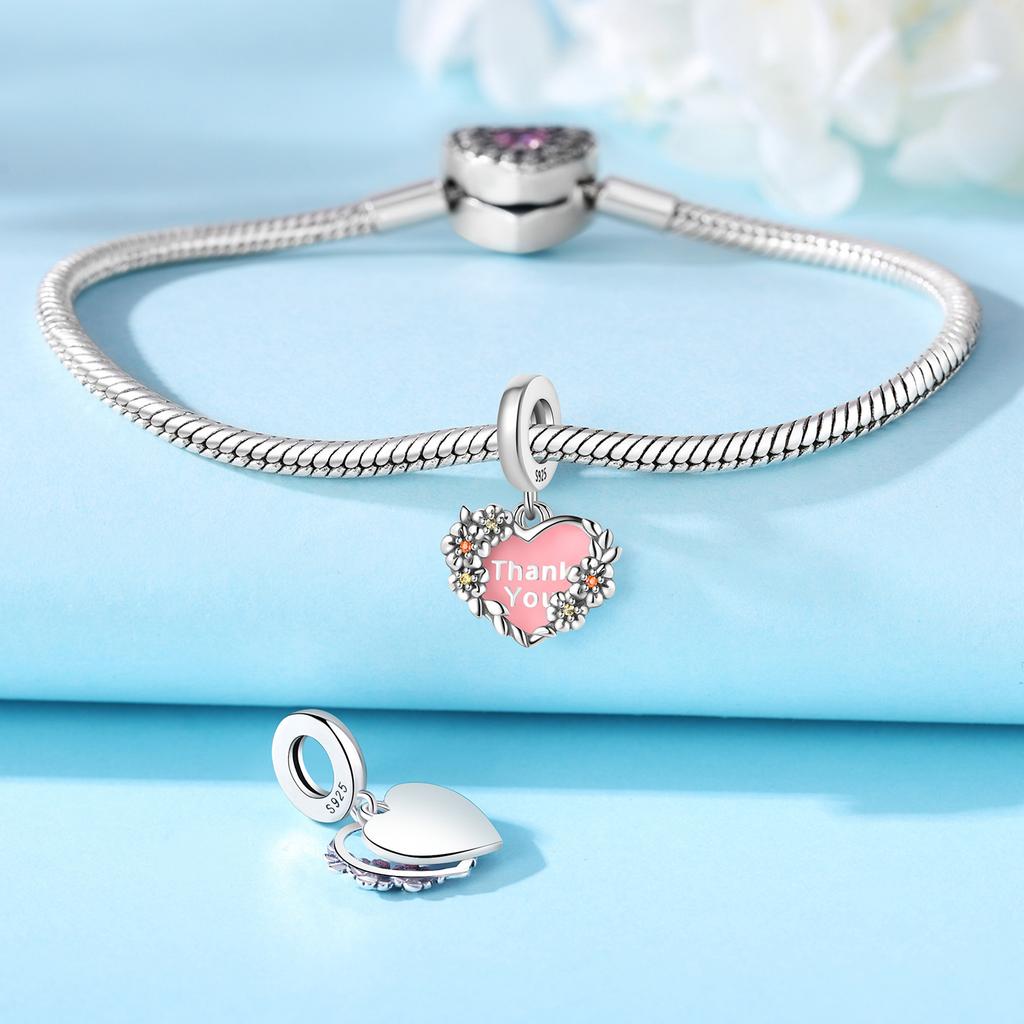 Real Copper Pink Heart-Shaped Flower Pendant Beads Fit Original Bracelet For Women Jewelry Gifts Accessory