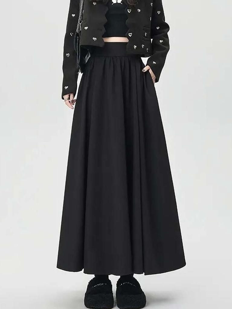 Women's Umbrella Skirt High Waist Long Skirts Grey Casual Korean Fashion Clothing Vintage Style