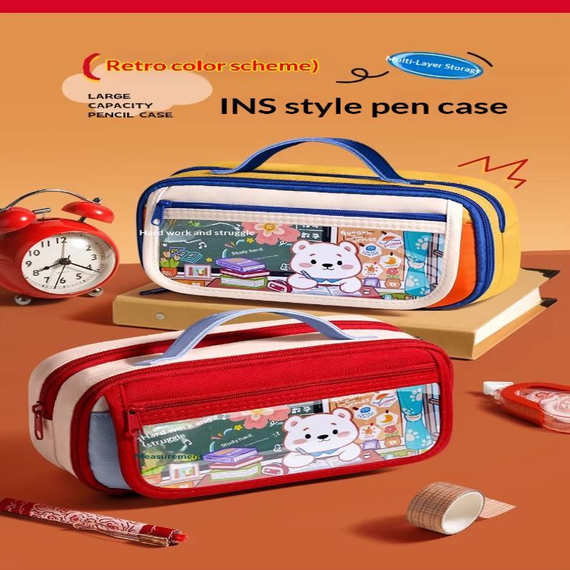Large Capacity Transparent Pencil Case Cute Cartoon Bear Holds 40 Pens For Students School Use