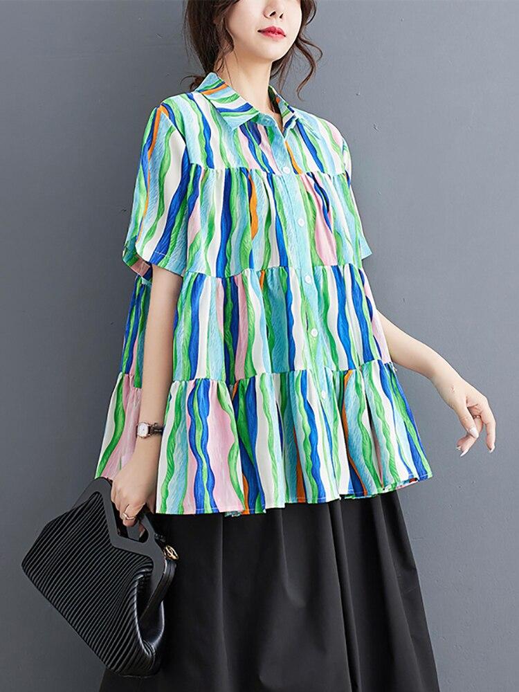 Xitao Print Patchwork Women Striped Shirt New DMJ1407