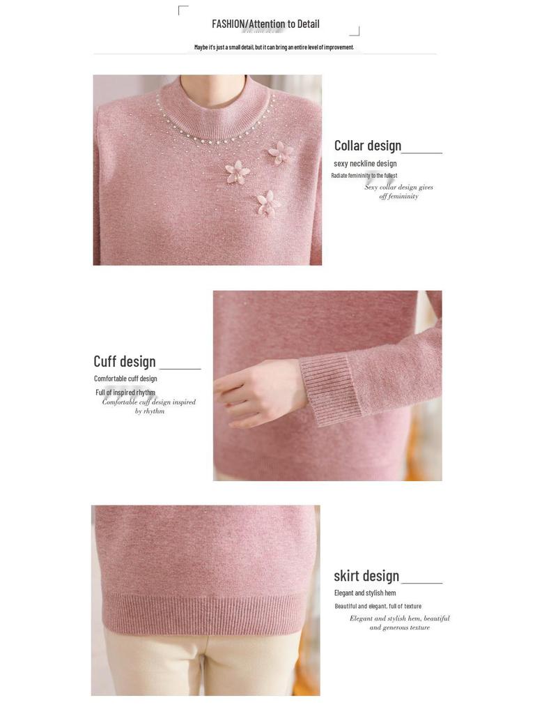 Mom's Winter Knit Sweater with Velvet Lining, Perfect for Middle-Aged & Elderly Women, Cozy 60+ Base Layer Top