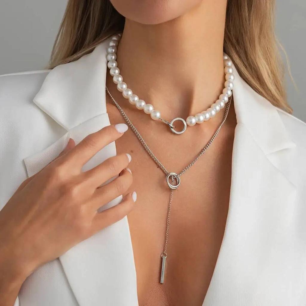 Salircon Exquisite Elegant Baroque Imitation Pearl Choker Necklace Trendy Silver Color Geometry Pendant Neck Accessories Jewelry