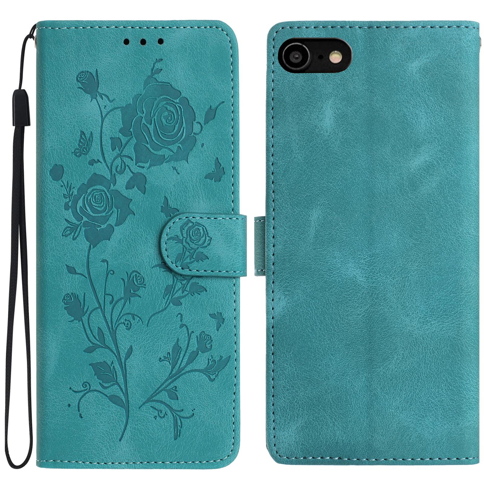 

Wallet Case for iPhone SE (2022)/(2020)/8/7/6/6s Rose Pattern Imprinted Leather Flip Stand Phone Cover Green
