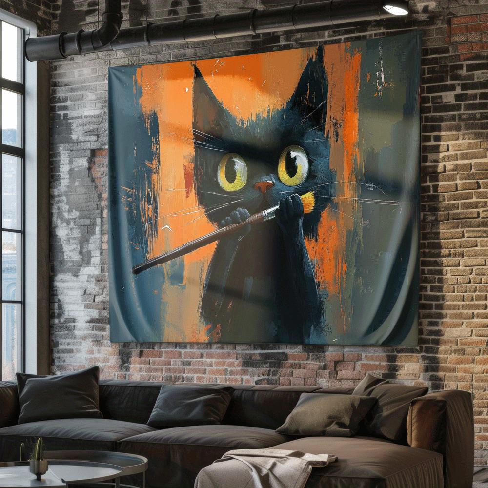 

Black Cat Paintbrush Digital printing polyester wall tapestry suitable for use in living rooms bedrooms offices bars and party 74x94cm(29x37in)