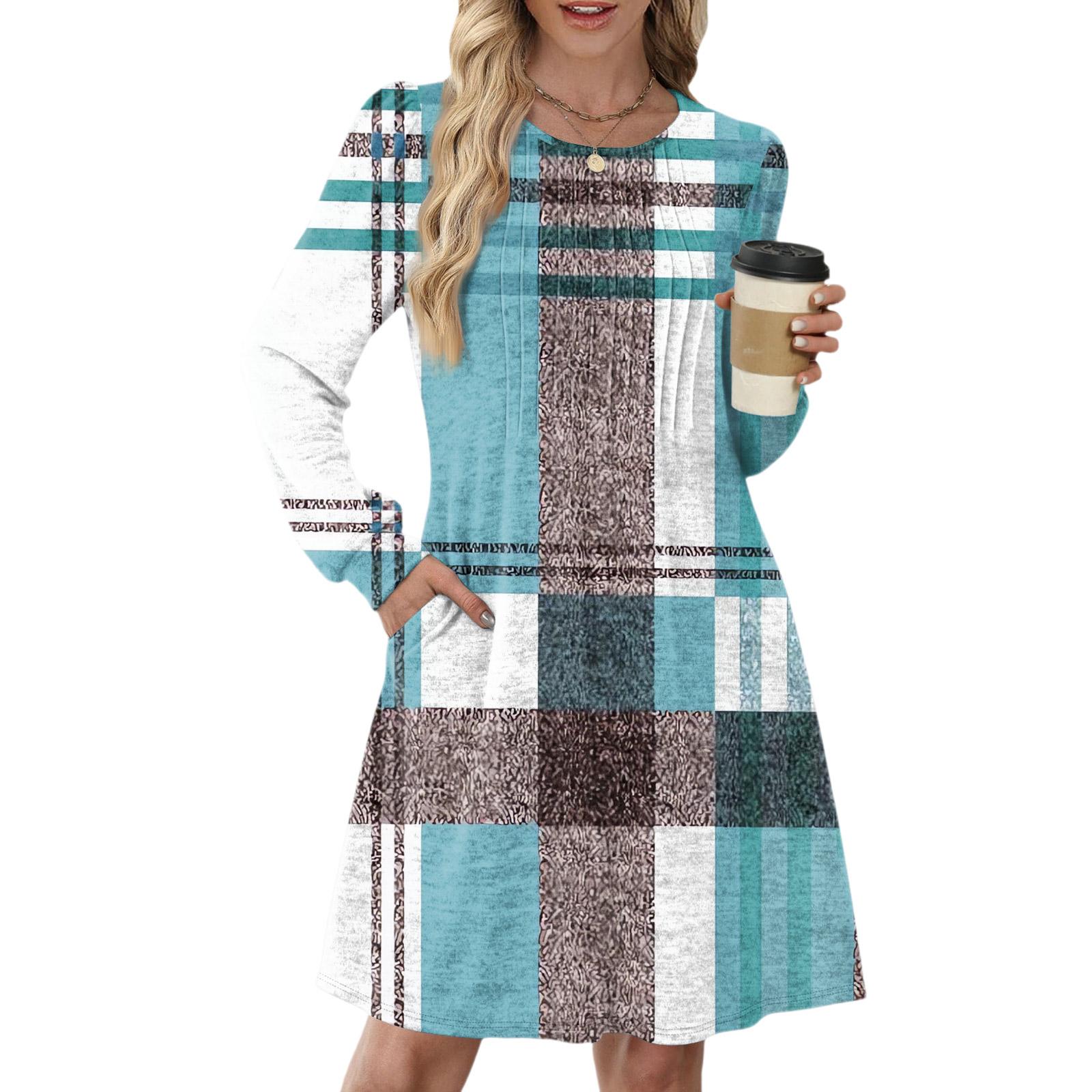 

Женское повседневное платье с длинным рукавом, плиссировкой, круглым вырезом, принтом в клетку и полоску и карманами L белый