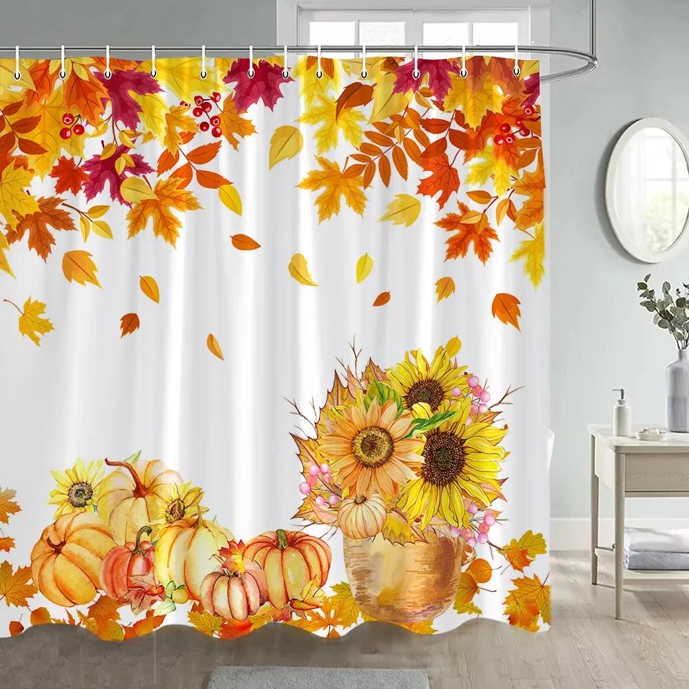 Fall Maple Leaves Shower Curtains Rustic Farm Sunflowers Pumpkins Haystacks Autumn Thanksgiving Fabric Bathroom Decor With Hooks