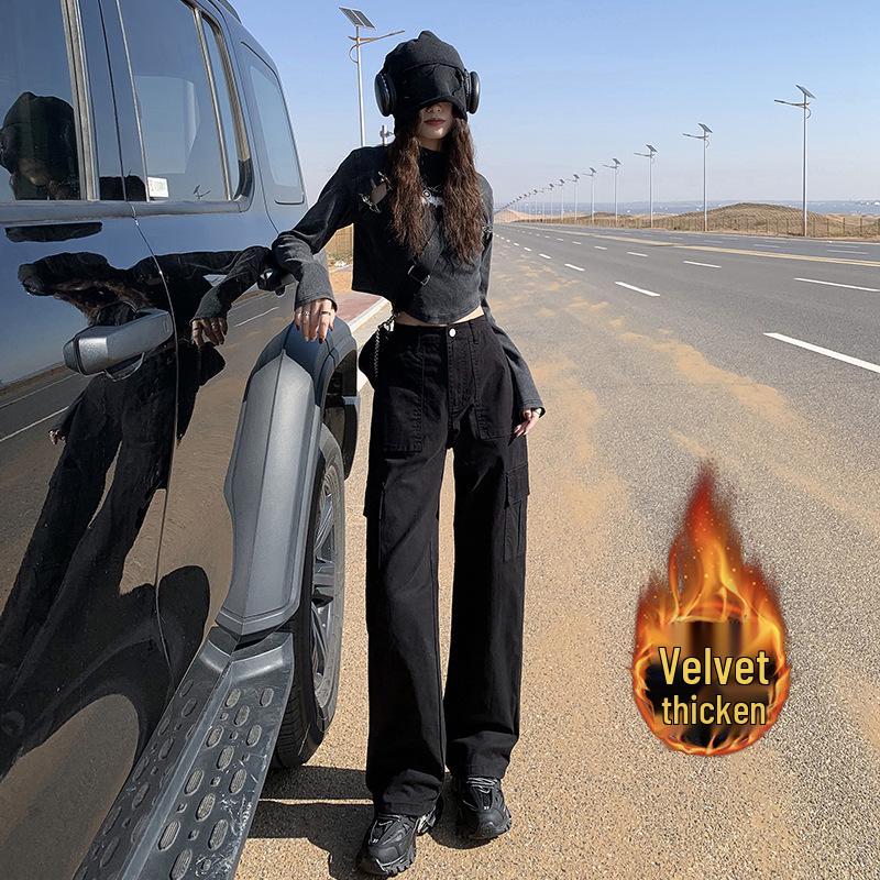 Women's Fleece-Lined High-Waisted Retro Straight-Leg Jeans with Multi-Pockets