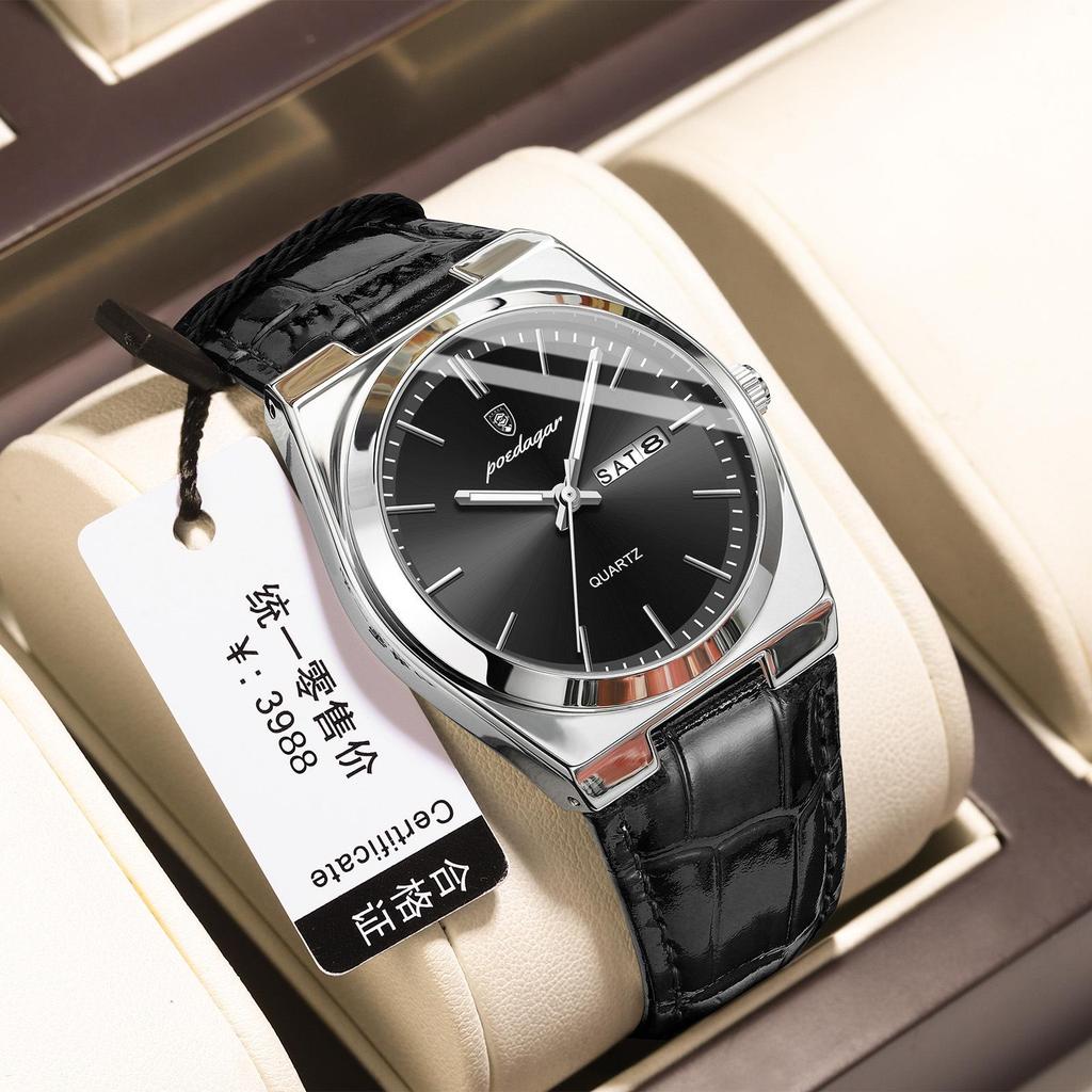 POEDAGAR Men's Ultra-Thin Dual Calendar Quartz Watch with Leather Strap - Trendy Fashion Wristwatch