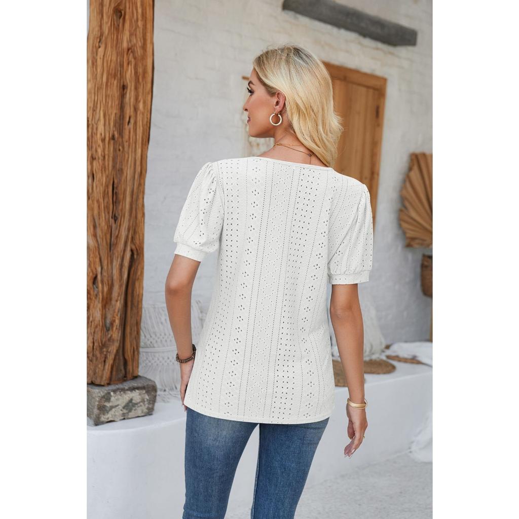 GMXIA Women's Spring Summer Buttoned Round Neck Puffy Sleeve Loose Solid Color T-shirt