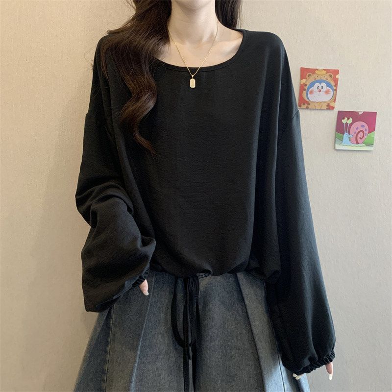 

Plus-Size Women s Tummy-Covering Drawstring Long-Sleeve T-Shirt, Base Shirt for Spring and Autumn, Loose and Slimming Chiffon Top for Chubby Girls Black XL [Recommended 60-70kg]