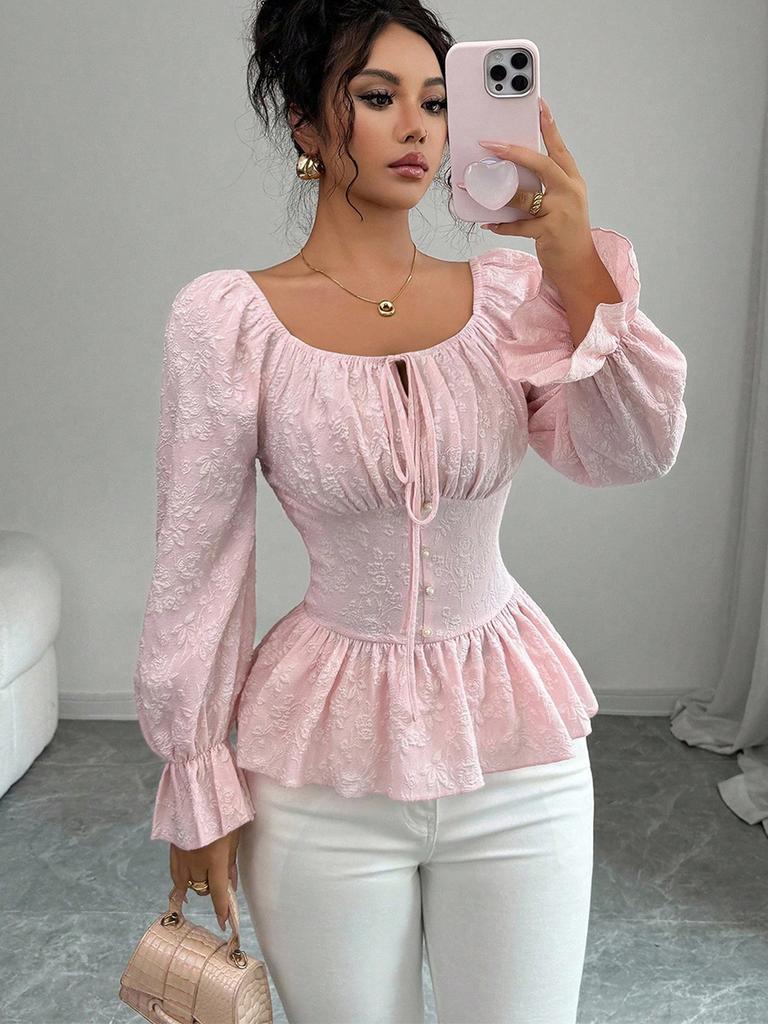 Camisa de Design Outono Novidades Gola V Amarração Manga Longa Top