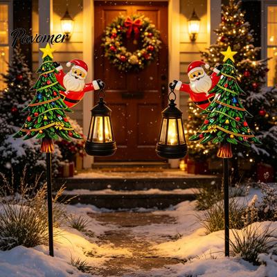 Decorative Christmas Solar Stakes 2Pcs Santa Garden Stake Lights, Pathway Lawn Winter Landscape Lighting Decor with Metal Lantern, Waterproof Outdoor