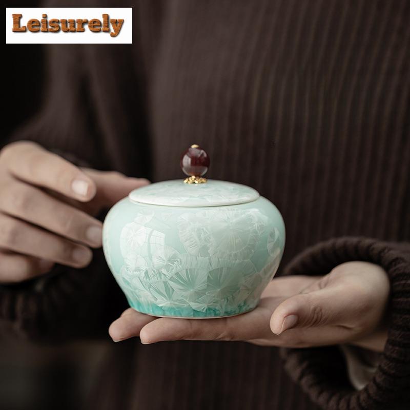 Ice Crystal Green Round Belly Tea Box Organizer Moisture-proof Antique Storage Tank Containers Tea Caddy Tea Ceremony Ornaments