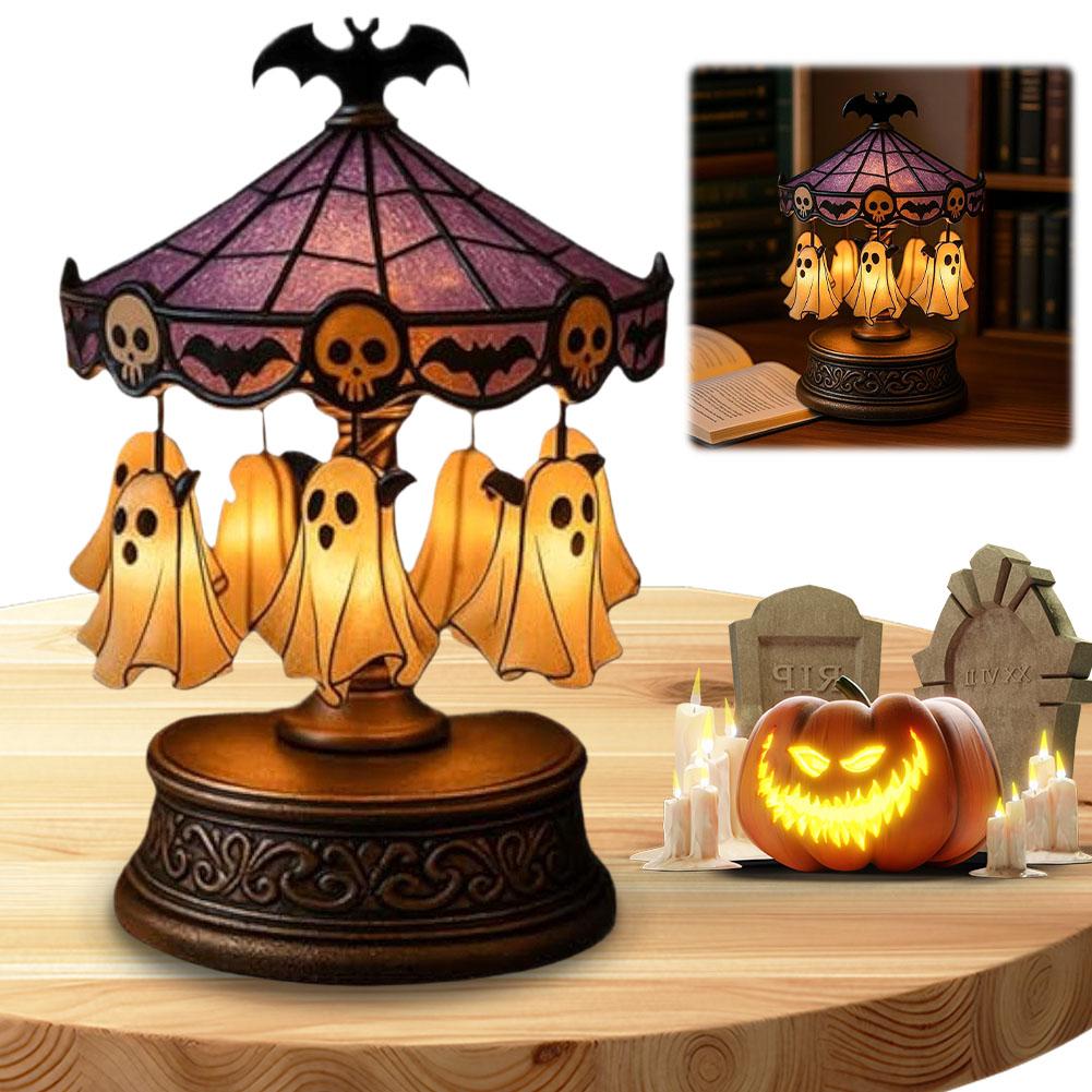 Halloween Ghost Carousel Night Light Vintage Lamp Stained Glass Carousel Night Light for Bedroom Home Kitchen Mantel Tabletop