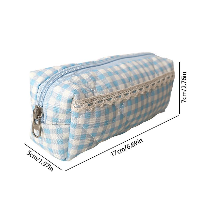 Large Capacity Pen Bag Sweet Plaid Lace Pencil Case Portable Student Stationery Storage Bag Girly Cosmetic Bag Gifts