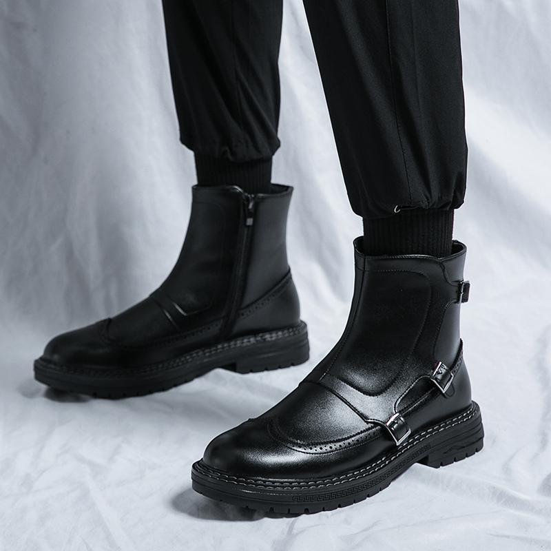 Men's round headed high top leather shoes Fashionable and versatile design styles party activities casual motorcycle men's boots