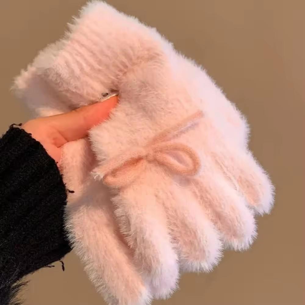 Korean Style Cute Winter Warm Knitted Plush Gloves for Women Bow Thickened Full Finger Gloves Cycling Antifreeze Student Gloves