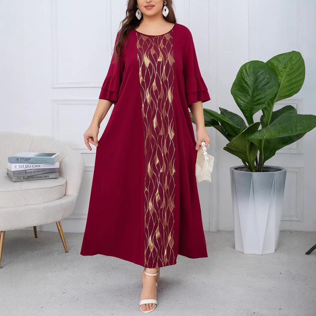 Elegant Plus Size Patchwork Flare Sleeve Dress for Spring & Autumn