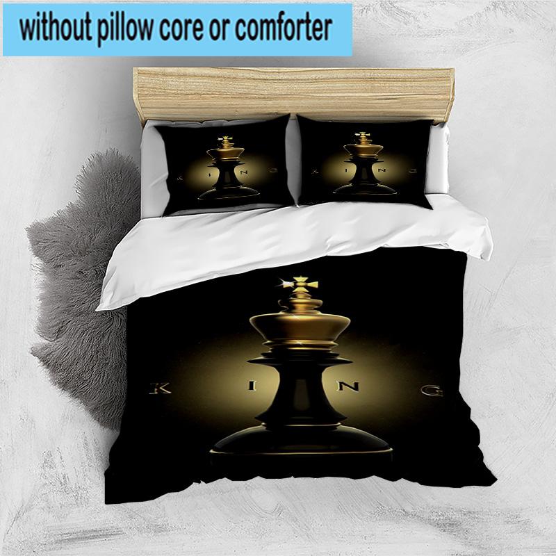 Golden Chess King On Black 3pcs Bedding,Including 1pc Duvet Cover And 2pcs Pillowcases Perfect for Christmas,Ideal for Bedroom, Dormitory