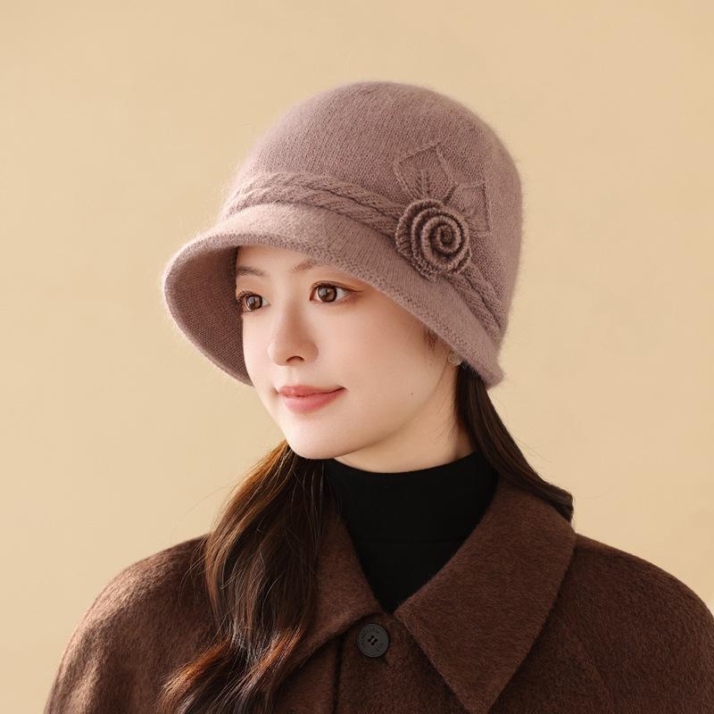 Autumn And Winter Hats Women'S Solid Color Flower High-End Mother Hat Plush Rabbit Fur Warm Knitted Wool Hat