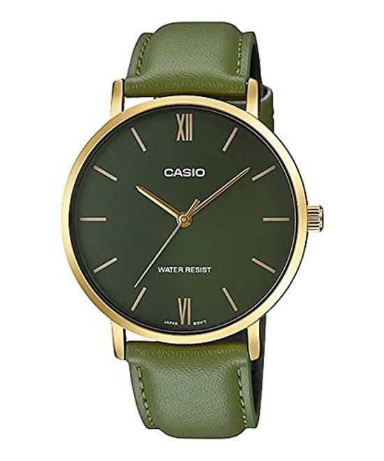 CASIO Quartz Mens Watch MTP-VT01GL-3B Gold Green Leather Band Overseas Model
