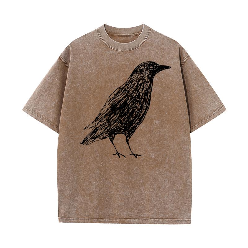 Sketch Bird Graphic Crew Neck Washed Tshirts Mother Day Tees Short Sleeve Classic Cotton Funny Washed Tees Outdoor Adult