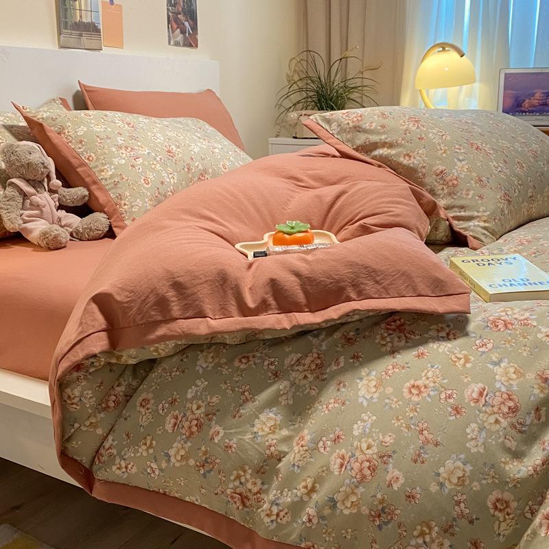 Category A Maternal and Infant Grade Washed Cotton and Linen Bed Cotton Four-piece Set and Three-piece Set Pure Cotton Bed Sheet and Quilt Cover