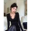 Lace V-Neck Slim-Fit Women's Long-Sleeve T-Shirt for Spring-Autumn, Sexy Hot Girl Style