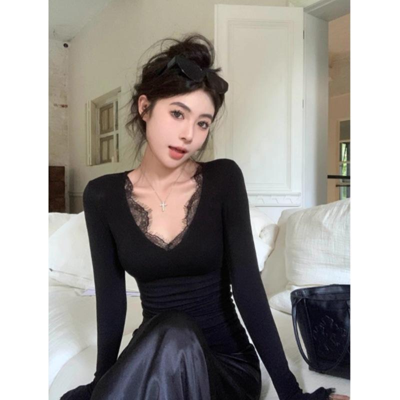 Lace V-Neck Slim-Fit Women's Long-Sleeve T-Shirt for Spring-Autumn, Sexy Hot Girl Style