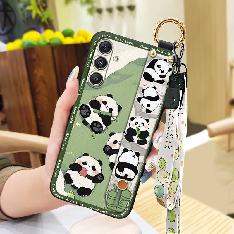 Kickstand Back Cover Phone Case For Samsung Galaxy M34 5G/F34/SM-M346B Anti-dust Shockproof Dirt-resistant Lanyard Panda
