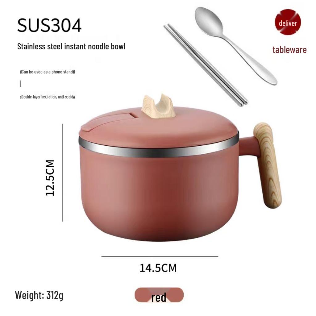 304 Stainless Steel Large Capacity Instant Noodle Bowl with Lid and Heat Preservation for Dormitory or Lunch.