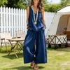 Women's Summer Sleeveless 2 Piece Outfit V Neck Top And Wide Leg Pants Set Casual Vacation Matching Lounge Set