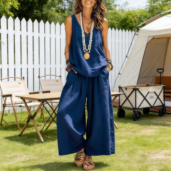 Women's Summer Sleeveless 2 Piece Outfit V Neck Top And Wide Leg Pants Set Casual Vacation Matching Lounge Set