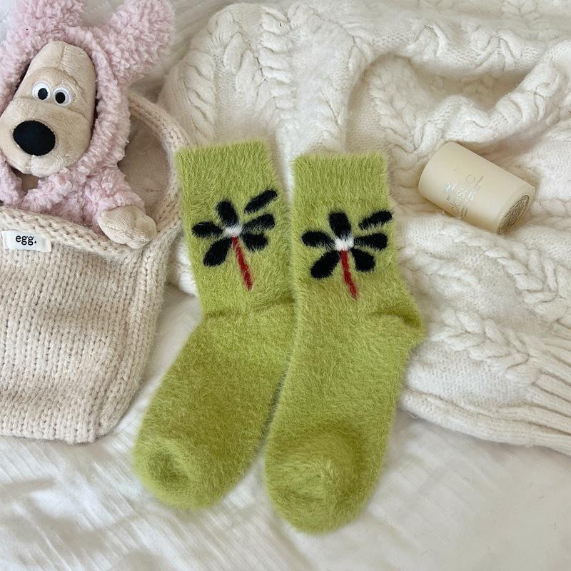 Mink Fur Small Flower Cute Home Fleece Warm Mid-calf Women's Socks, Women's Autumn and Winter Thickened Snow Mohair Socks
