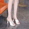 Fashion Shoes Woman 2025 House Slippers Platform Heeled Mules Pantofle Peep Toe Square heel High Soft New Summer Block Slides Patent