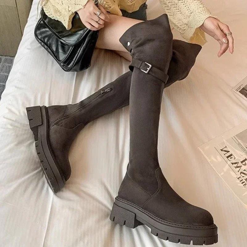 Women Mid Heels Over The Knee Suede Chelsea Boots New Platform Designer Luxury Shoes Goth Brand Walking Gladiator