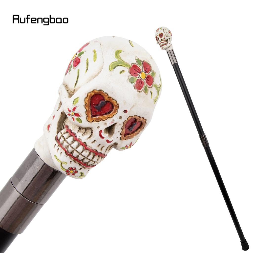 White Resin Red Flower Skull Head Walking Cane Fashion Decorative Steel Stick Gentleman Elegant Cosplay Cane Knob Crosier 94cm