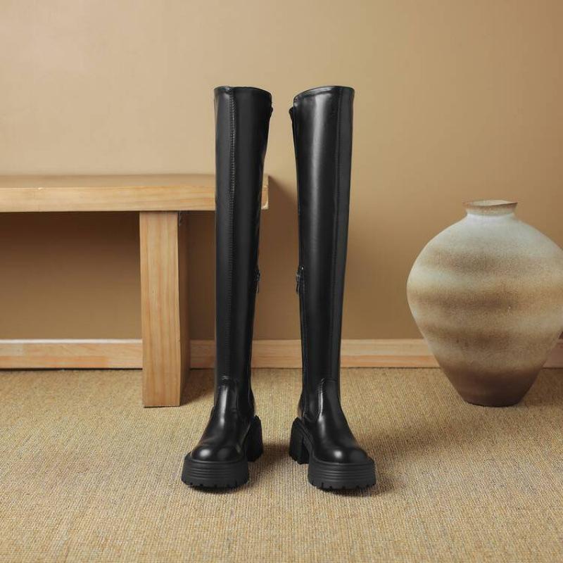 Autumn and winter women's thick-soled non-slip knee boots side zipper solid color large size leather women's boots Korean version of the new Martin