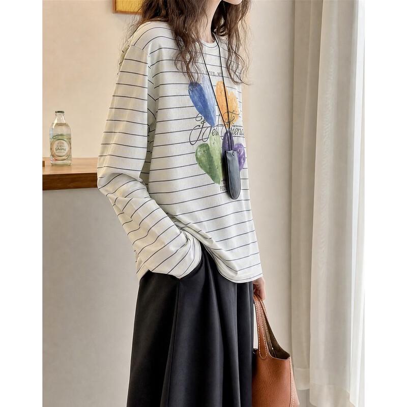 Demana Autumn Minimalist Striped Crew Neck Long Sleeve Tee
