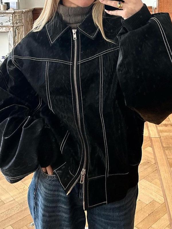 Retro Spliced Leather Zipper Jacket - Fall/Winter 2024, Long-Sleeve Lapel Coat
