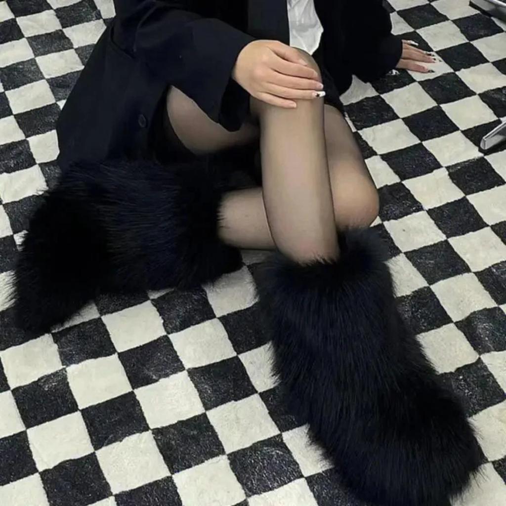 Vintersko Dame Vinter Fluffy Faux Fox Pels Støvler Dame Plysj Varme Snøstøvler Luksuriøst fottøy Jente Furry Pels Bottes Mote