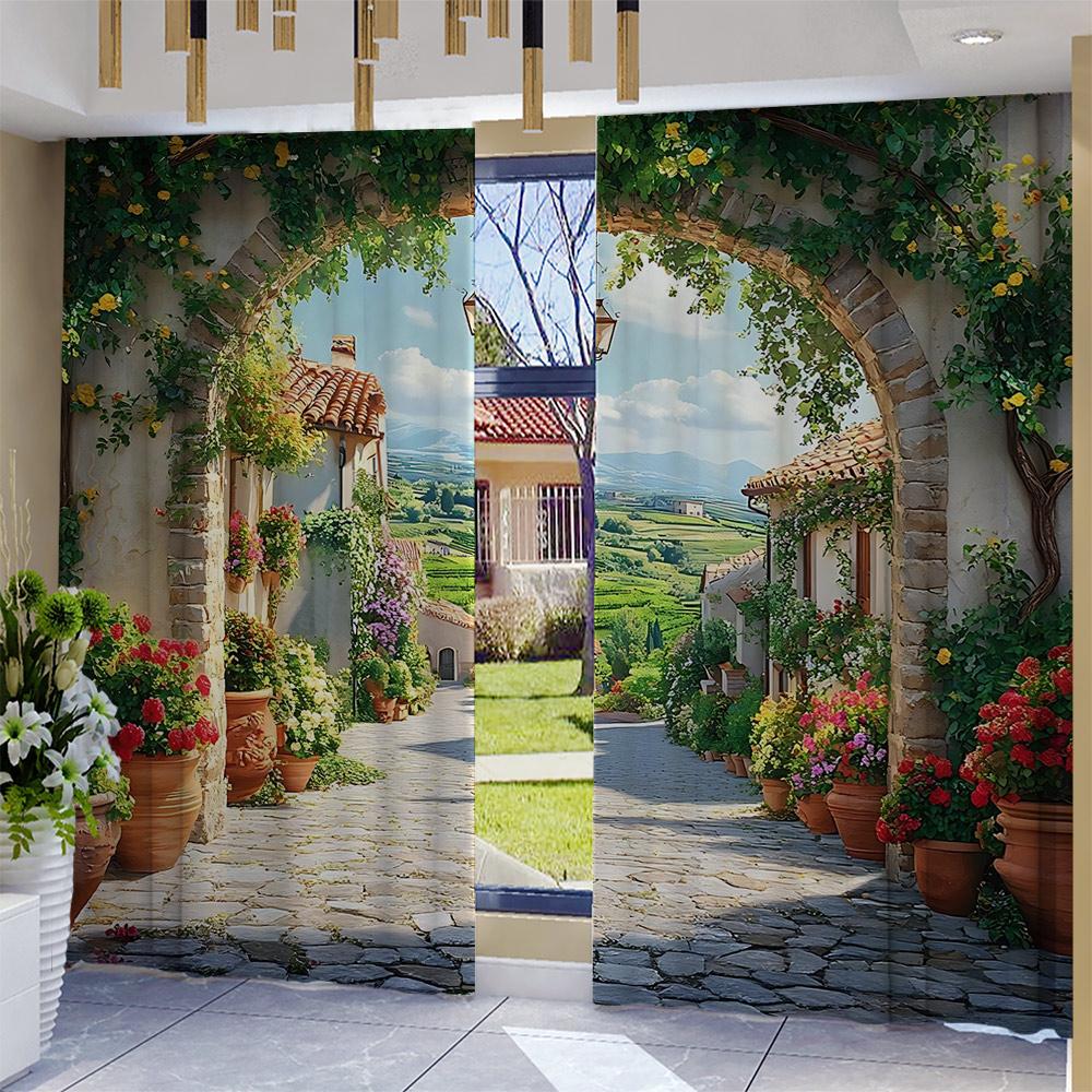 2 Stück Heim Nostalgische Landschaft Vorhänge Mit Landschaftshintergrund Und Stangentaschenvorhängen, Küche, Café, Wohnzimmer, Speck