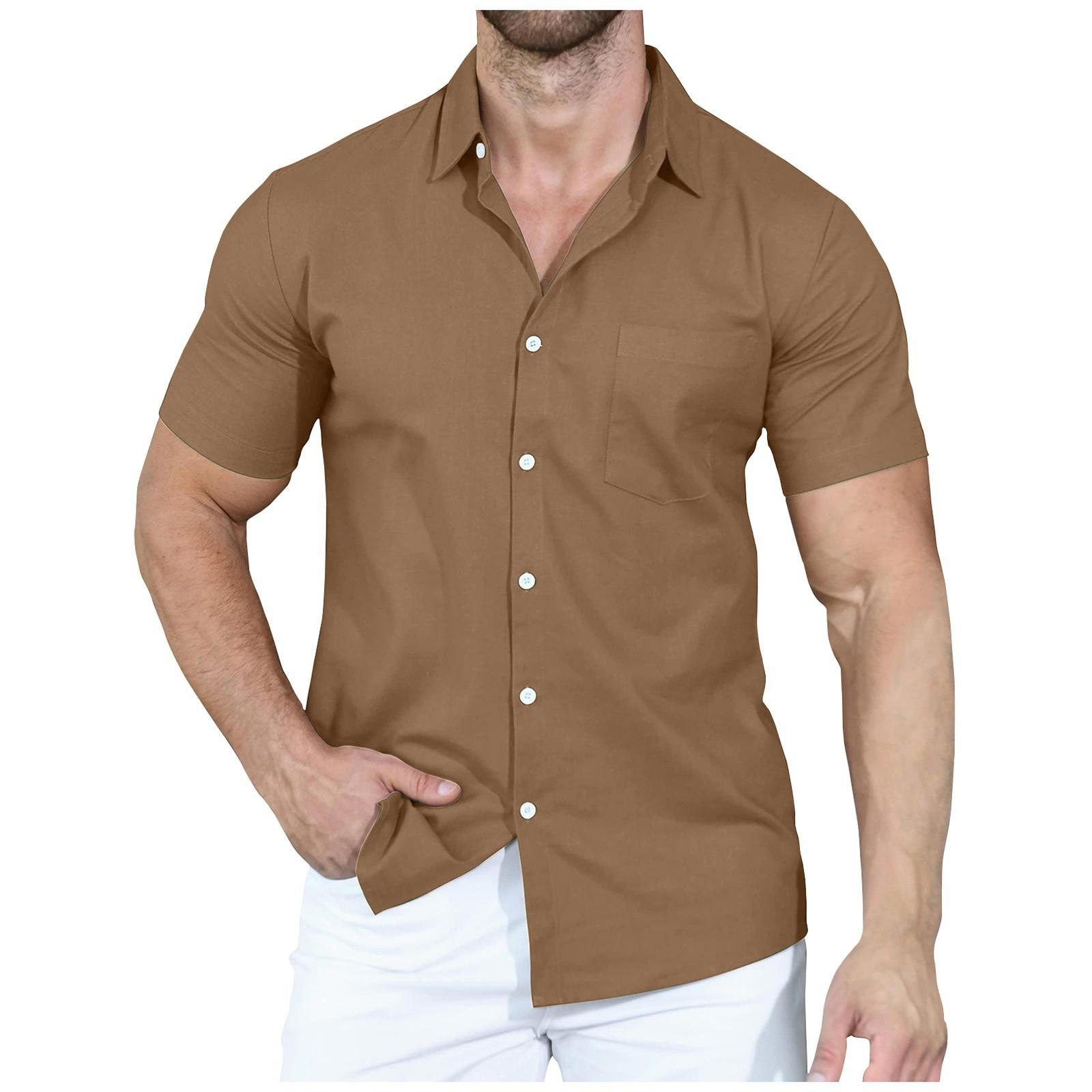 

Мужская повседневная однобортная однобортная рубашка с короткими рукавами и однотонным воротником XL верблюд