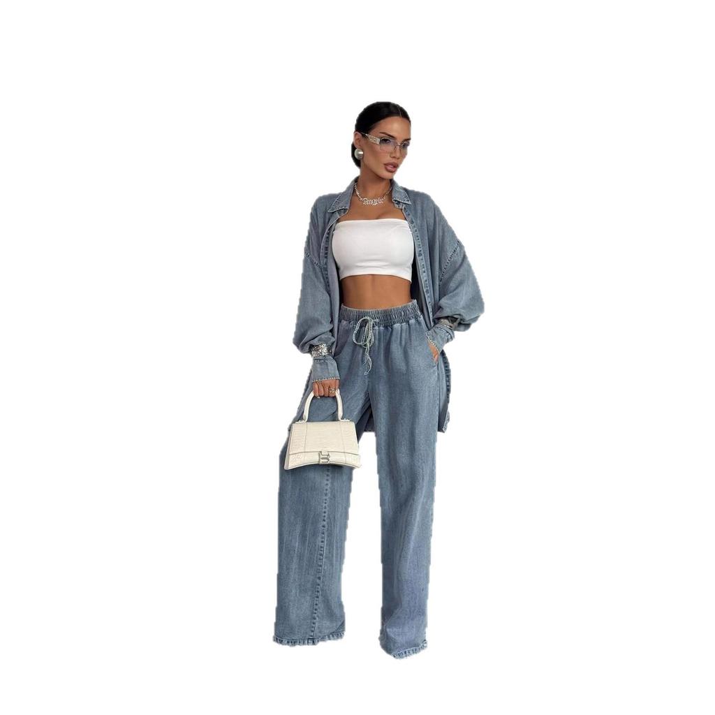  Cross-border European and American Fashion Women's Clothing Amazon Denim Long-sleeved Button-down Wide-leg Casual Pants Commuter Suit
