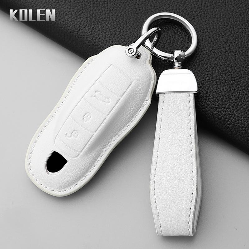 Leather Car Key Case Cover Shell Fob For Porsche Panamera Spyder Carrera Macan Boxster Cayman Cayenne 911 970 981 991 Keychain