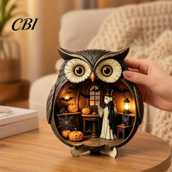 Vintage Wood Halloween Wooden Owl Tabletop Centerpiece, 2D Flat Pumpkin Ghost Bat Art Skeleton Standing Table Sign for Party, Shelf, Desk Decor Shelf